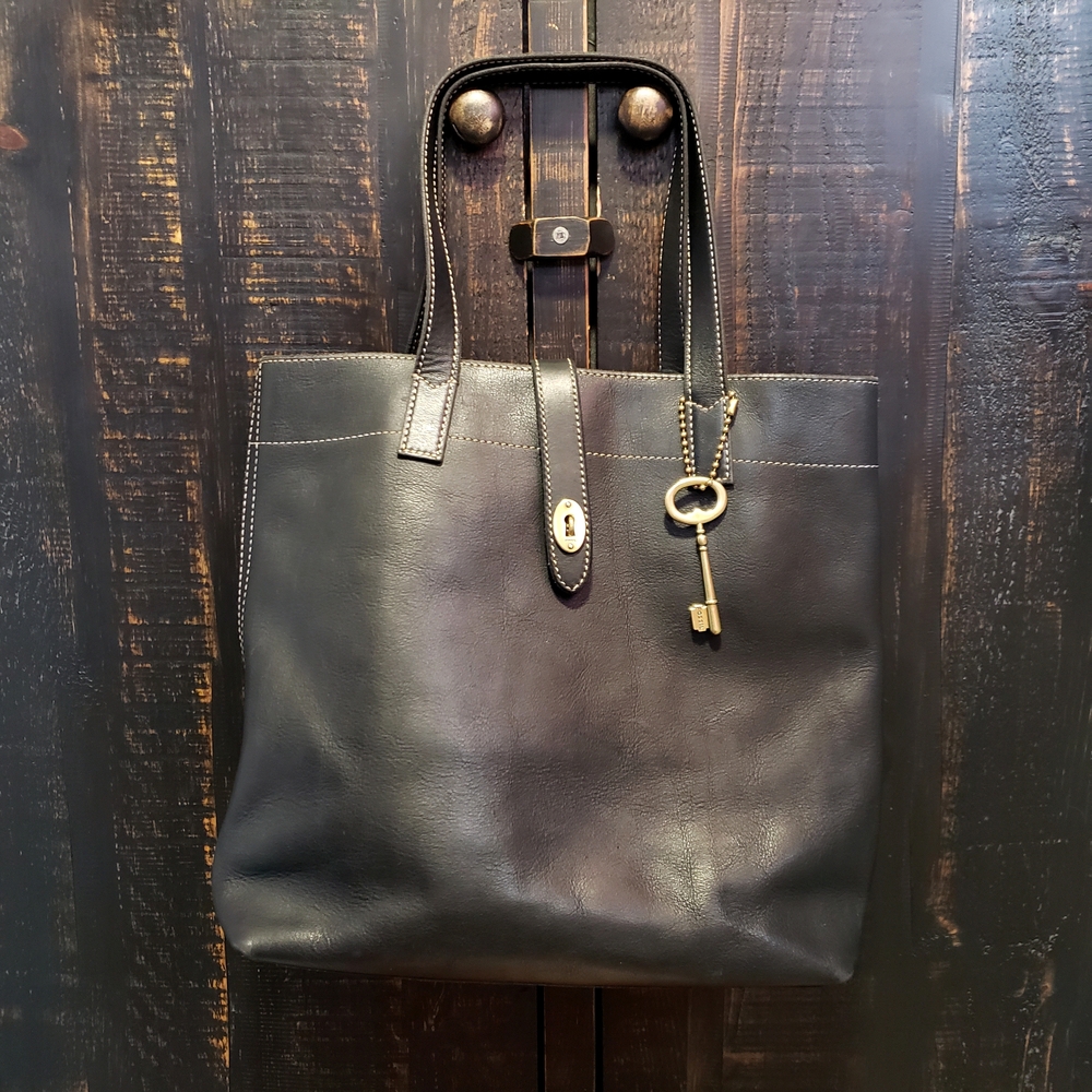 Fossil Black Leather Tote with Key Charm